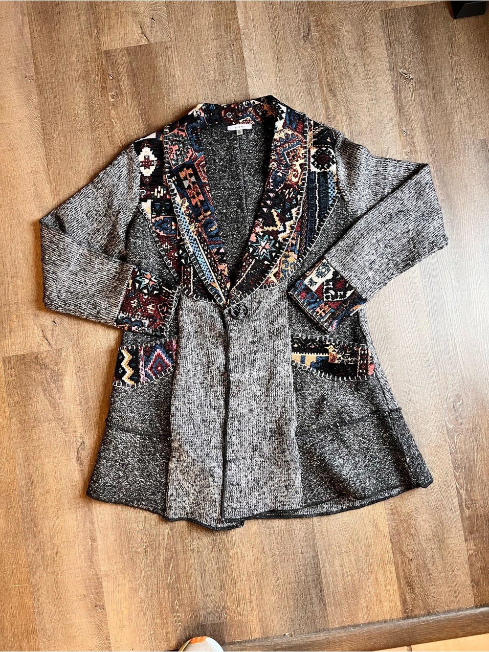 Sioni pocketed knit cardigan XL tapestry collar artsy lagenlook boho